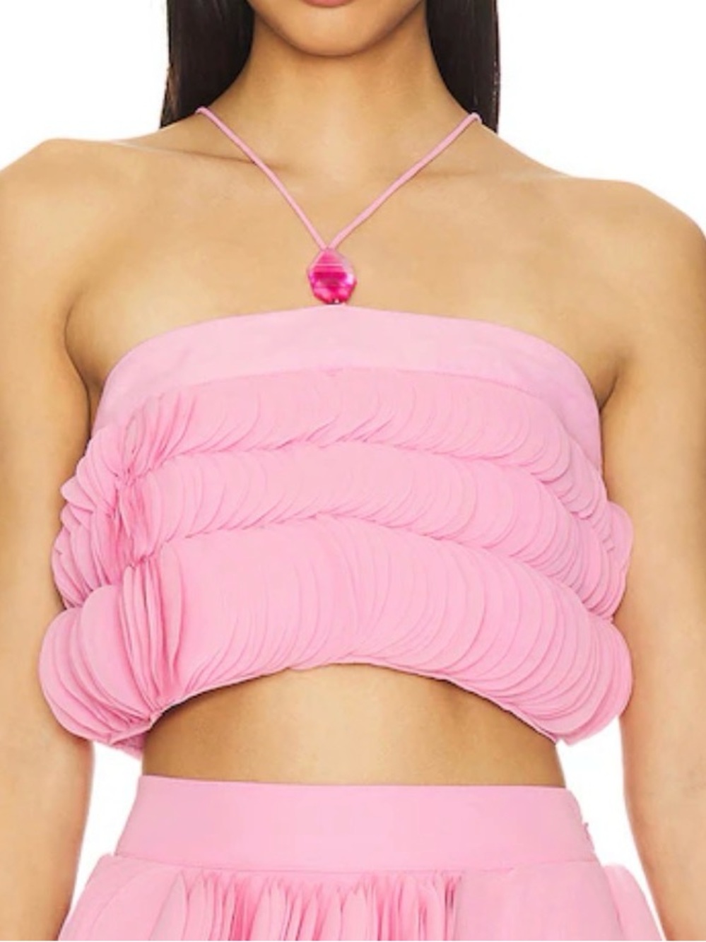 AMUR Pink Strapless Ruffled Crop Top